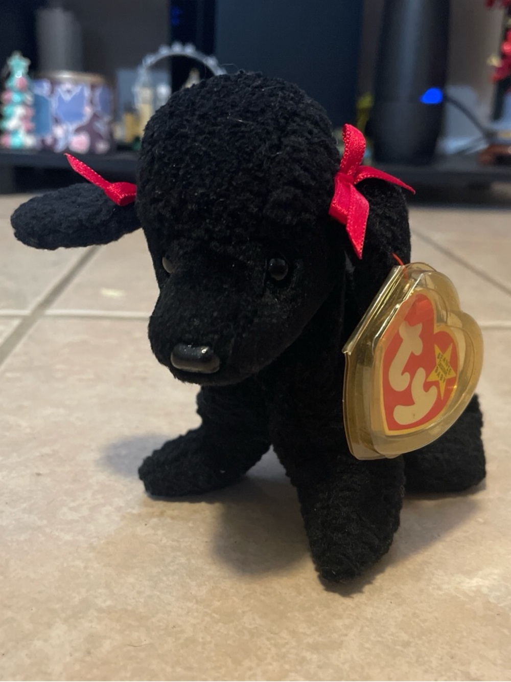 Ty Black Poodle Plush with Red Ribbon Bows